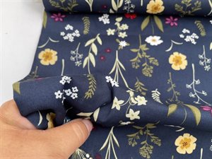 Poplin - fine blomsterstilke på mørk marine bund